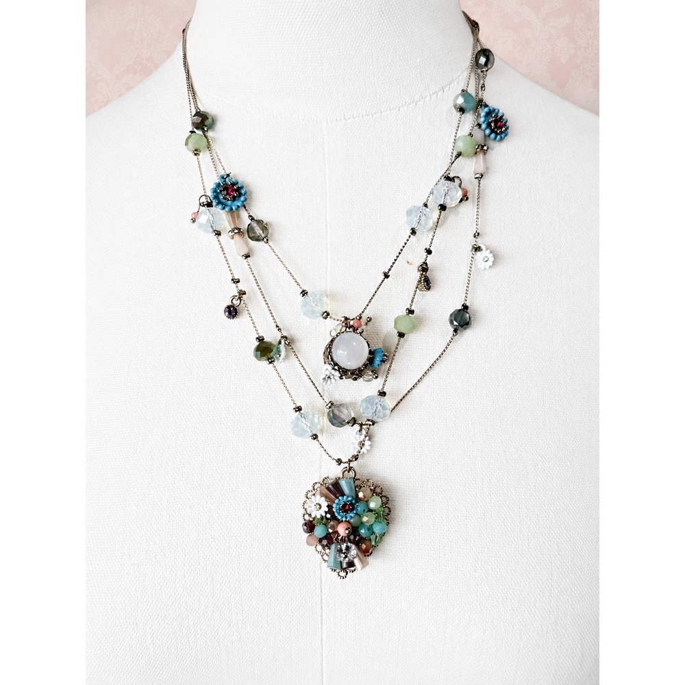 Multicolor Multi-Strand Layered Beaded Necklace Floral Heart Charm Gold-Tone